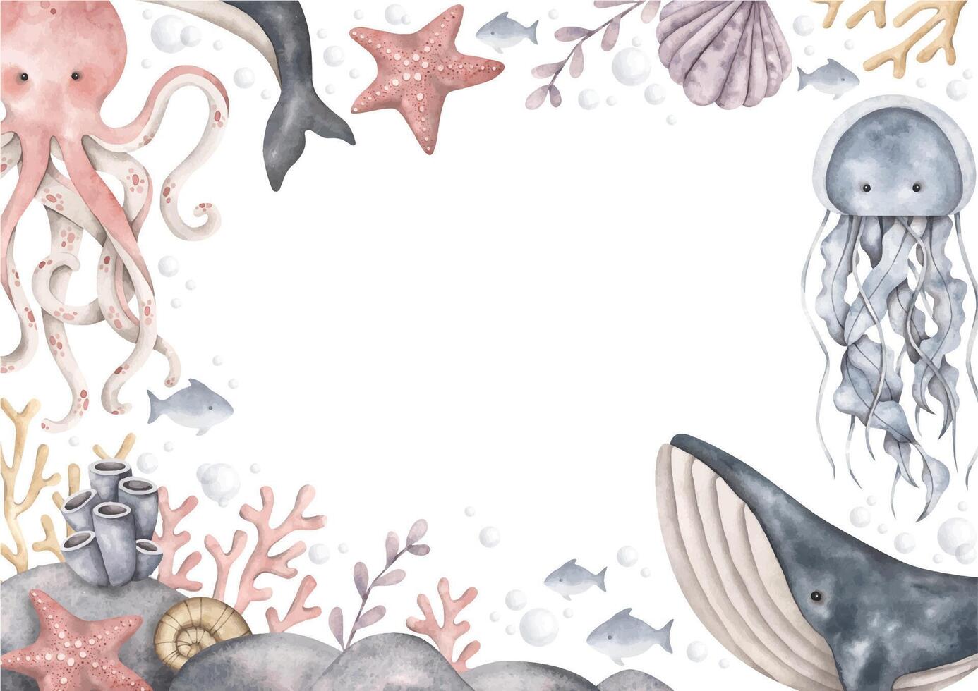 Under the sea. Watercolor hand-drawn frame with marine animals. Sea-themed template card vector