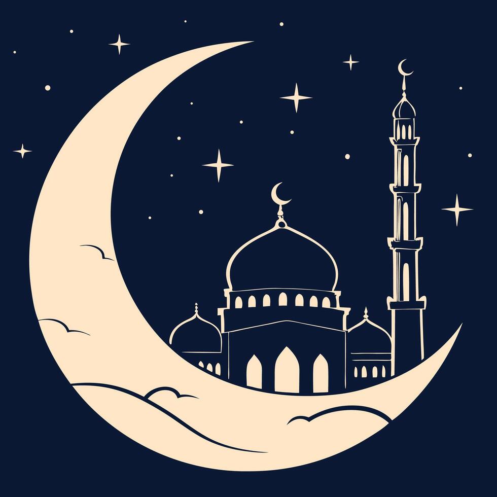 a moon with a mosque in the blue background vector