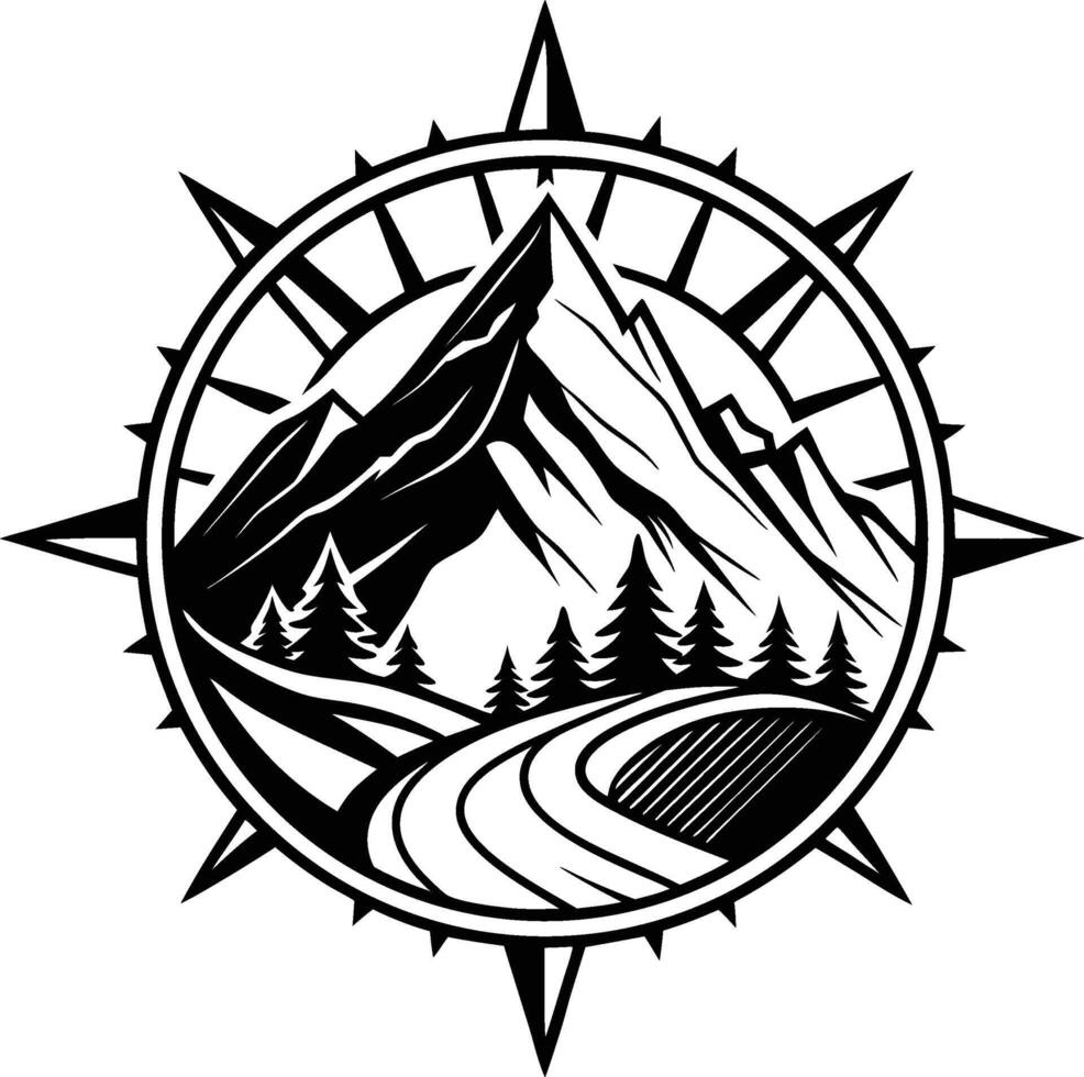 Mountain range is depicted in the center of a compass vector