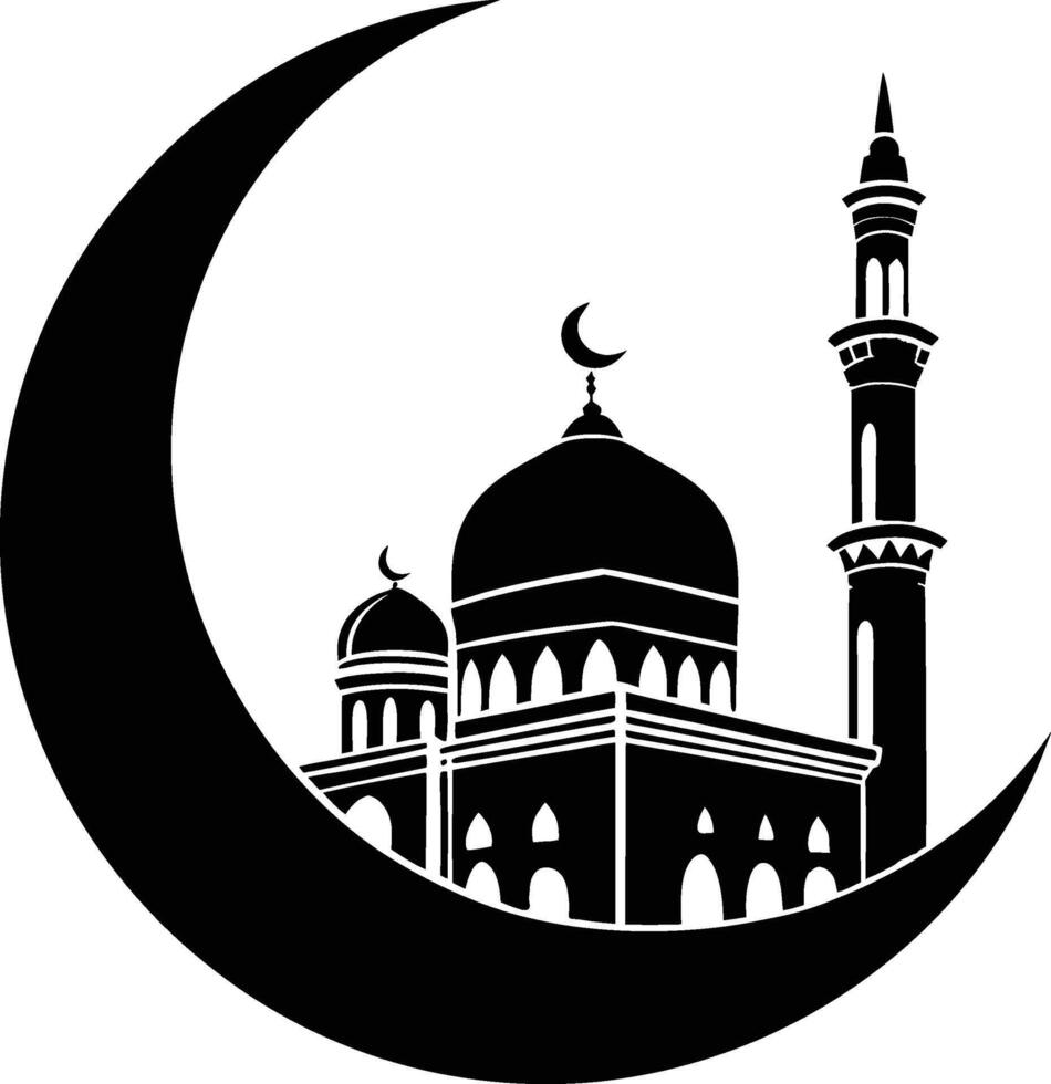 a mosque and a crescent moon in black vector