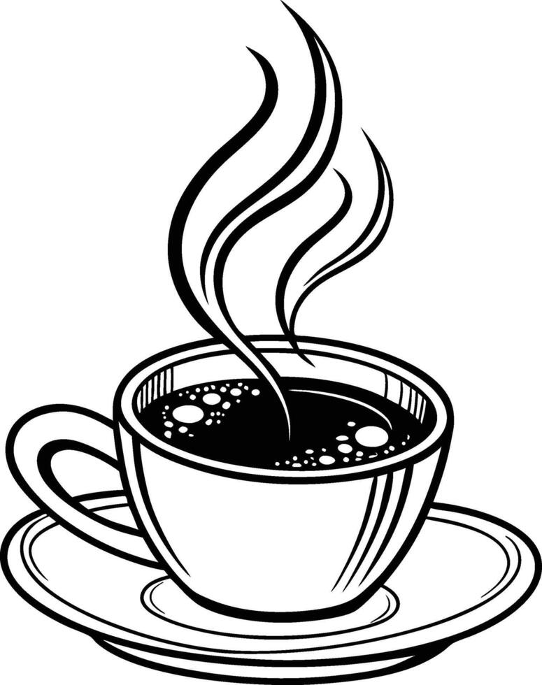A black and white coffee cup with steam rising from it vector