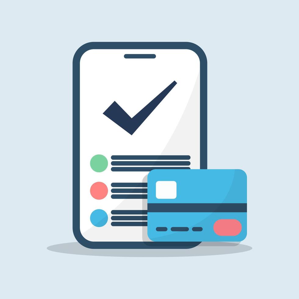 Mobile purchase complete with credit card flat design illustration vector
