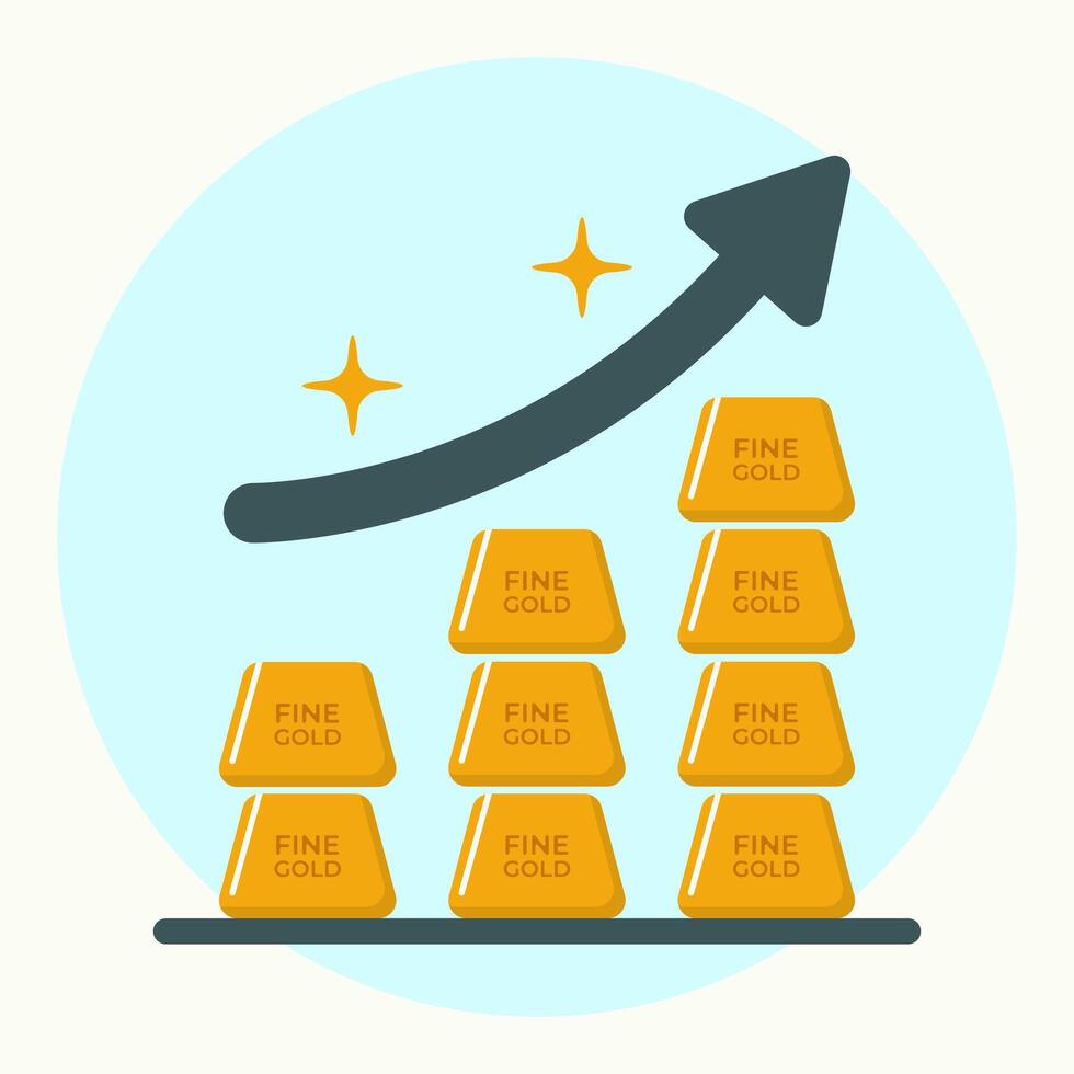Gold bar growth chart sparkles flat design illustration vector