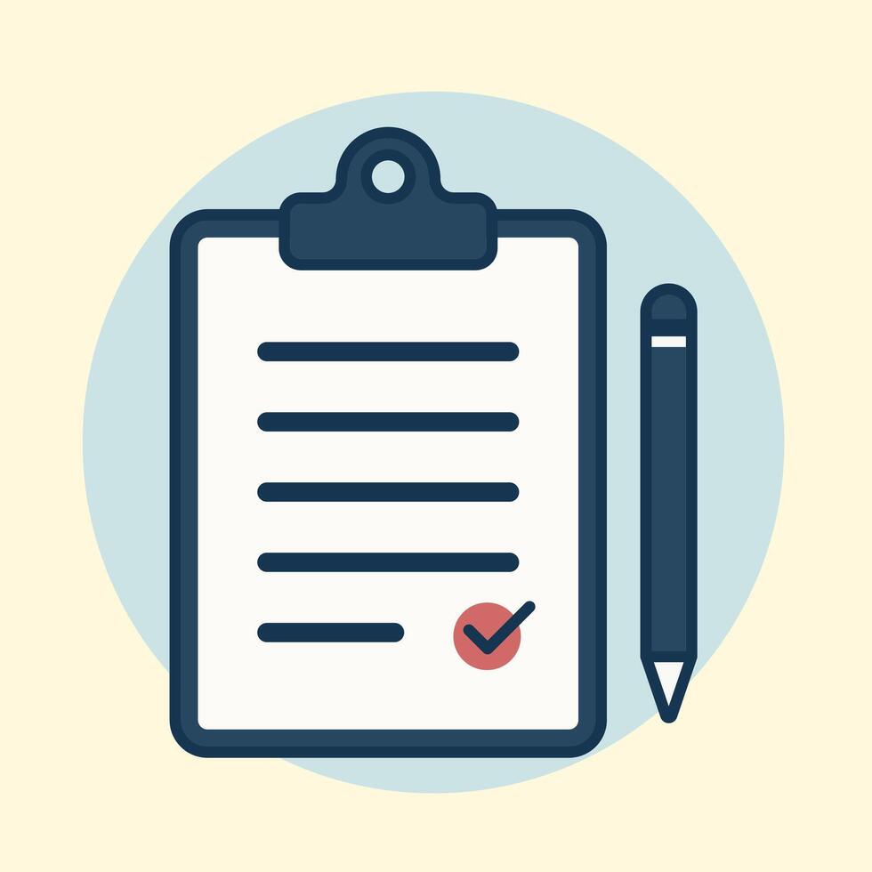 Document checklist pen against pale yellow backdrop flat design illustration vector