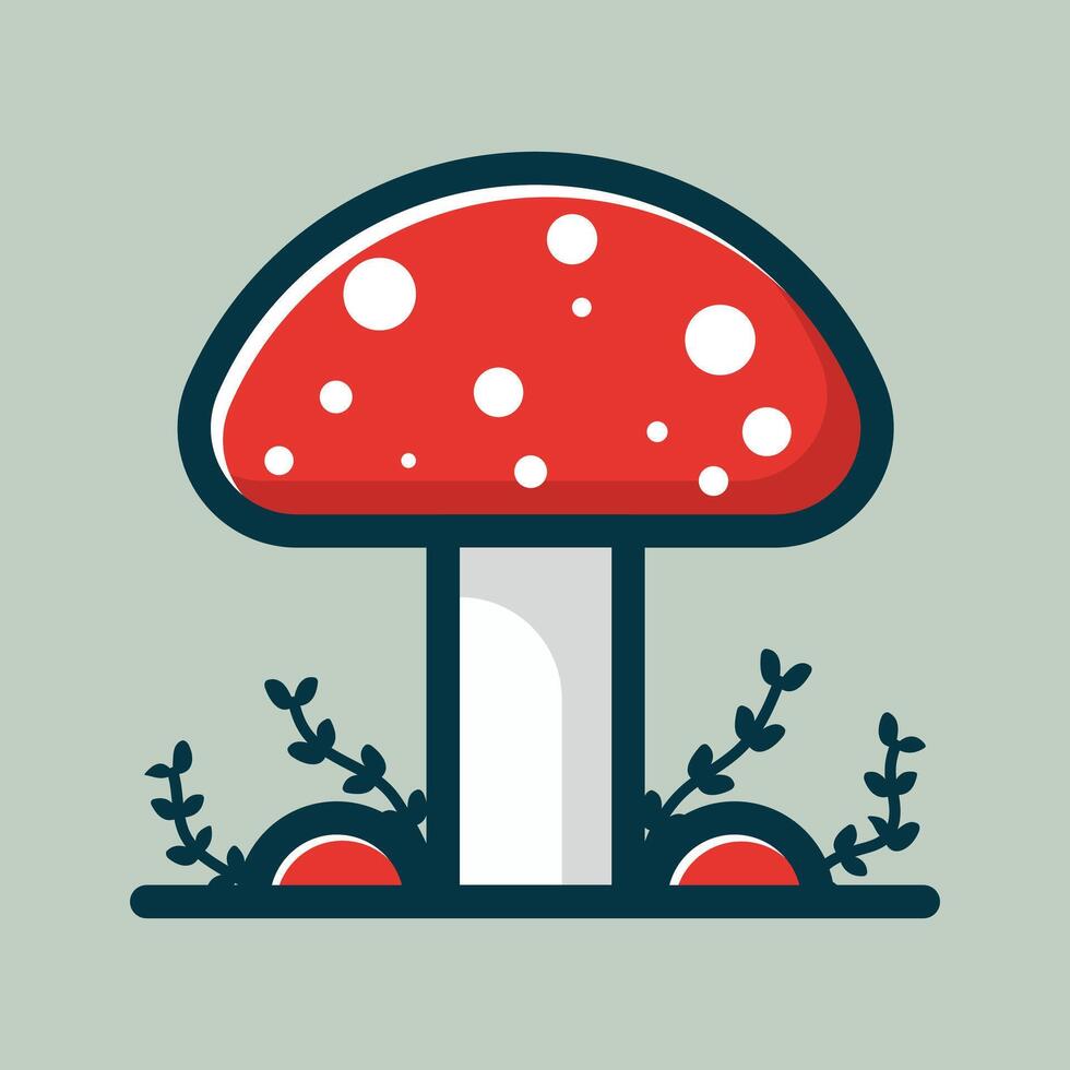 Cheerful red mushroom amidst leafy ground cover cartoon flat design illustration vector