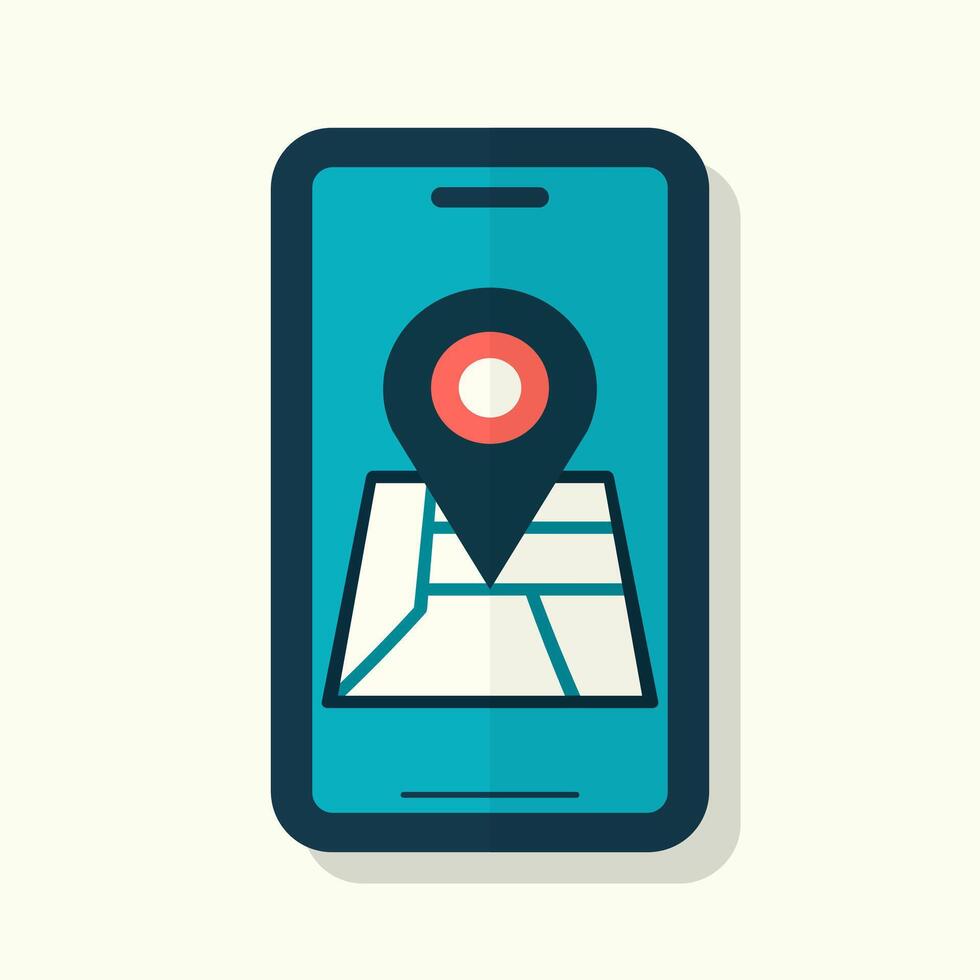 Navigational app shows location pinpointed on phone cartoon flat design illustration vector