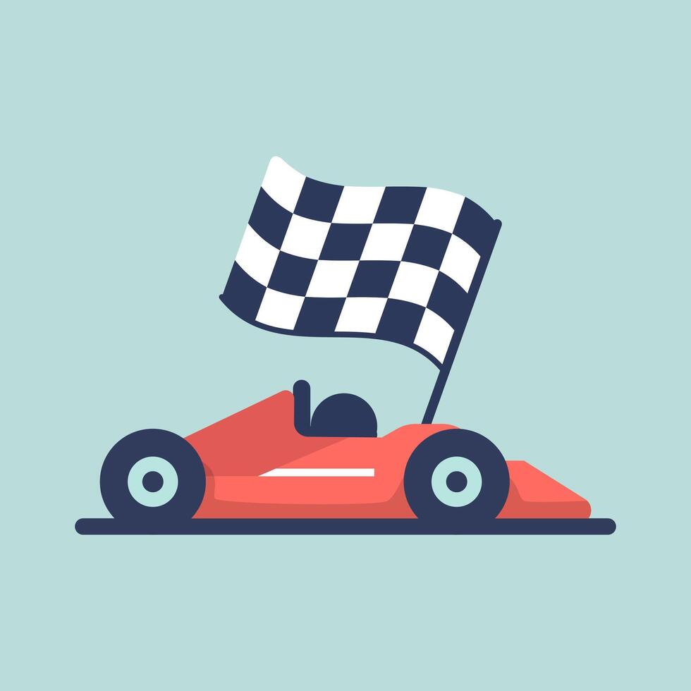 Speedy car triumphantly displays checkered flag cartoon flat design illustration vector