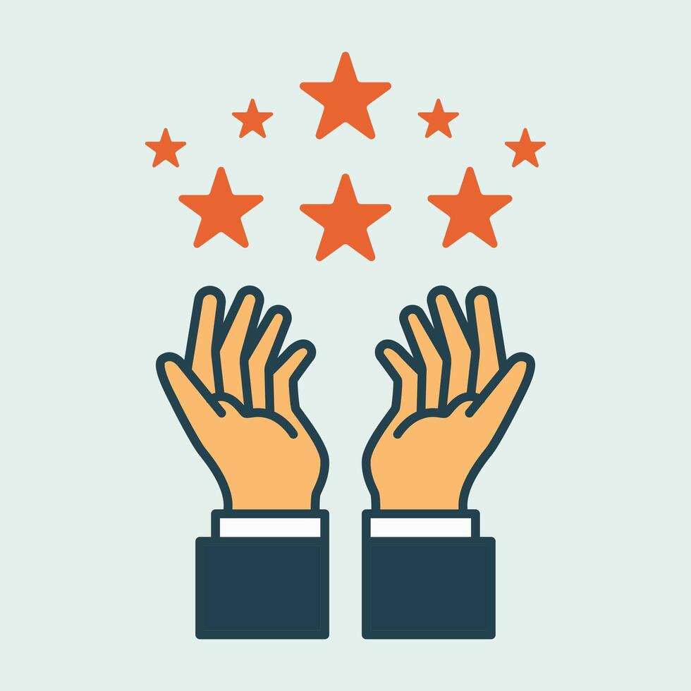 Celebrating achievement with hands and stars cartoon flat design illustration vector