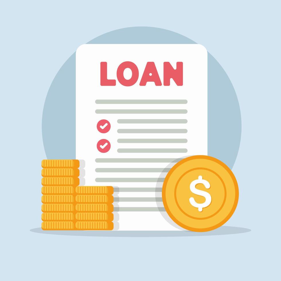 Stack of cash beside a loan document flat design illustration vector