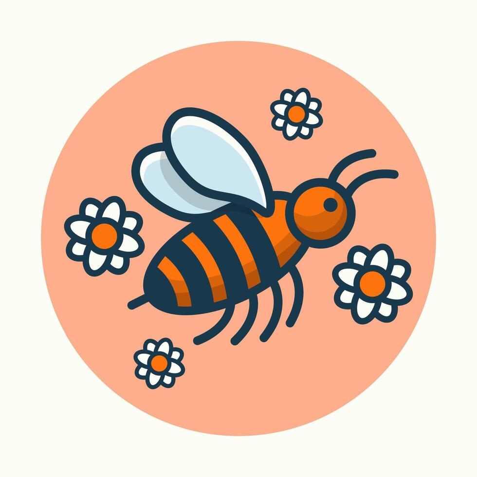 Whimsical bee buzzes around floral meadow cartoon flat design illustration vector