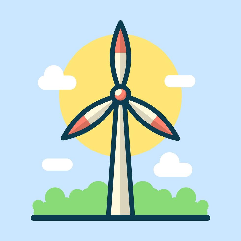 Windmill amid sunny skies and nature cartoon flat design illustration vector