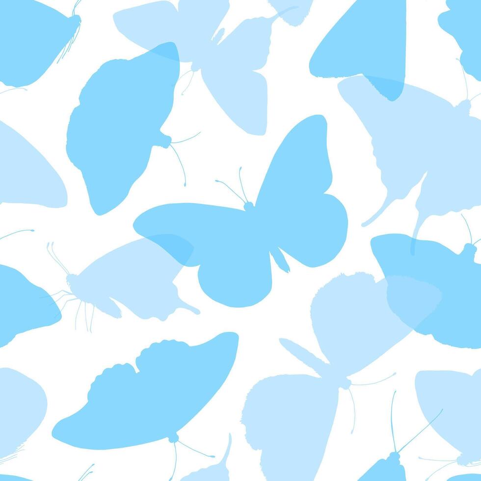 Seamless blue butterfly pattern in soft pastel tones. Elegant illustration of flying silhouettes creates a dreamy, airy fee perfect for boys birthday decor, fabric, or spring themed designs vector