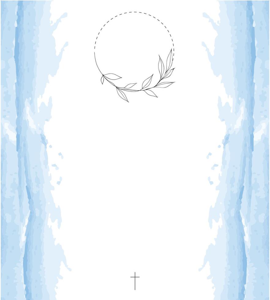 Funeral Empty card. Sky blue frame. Aquarelle background. Church cross. Photo frame vector