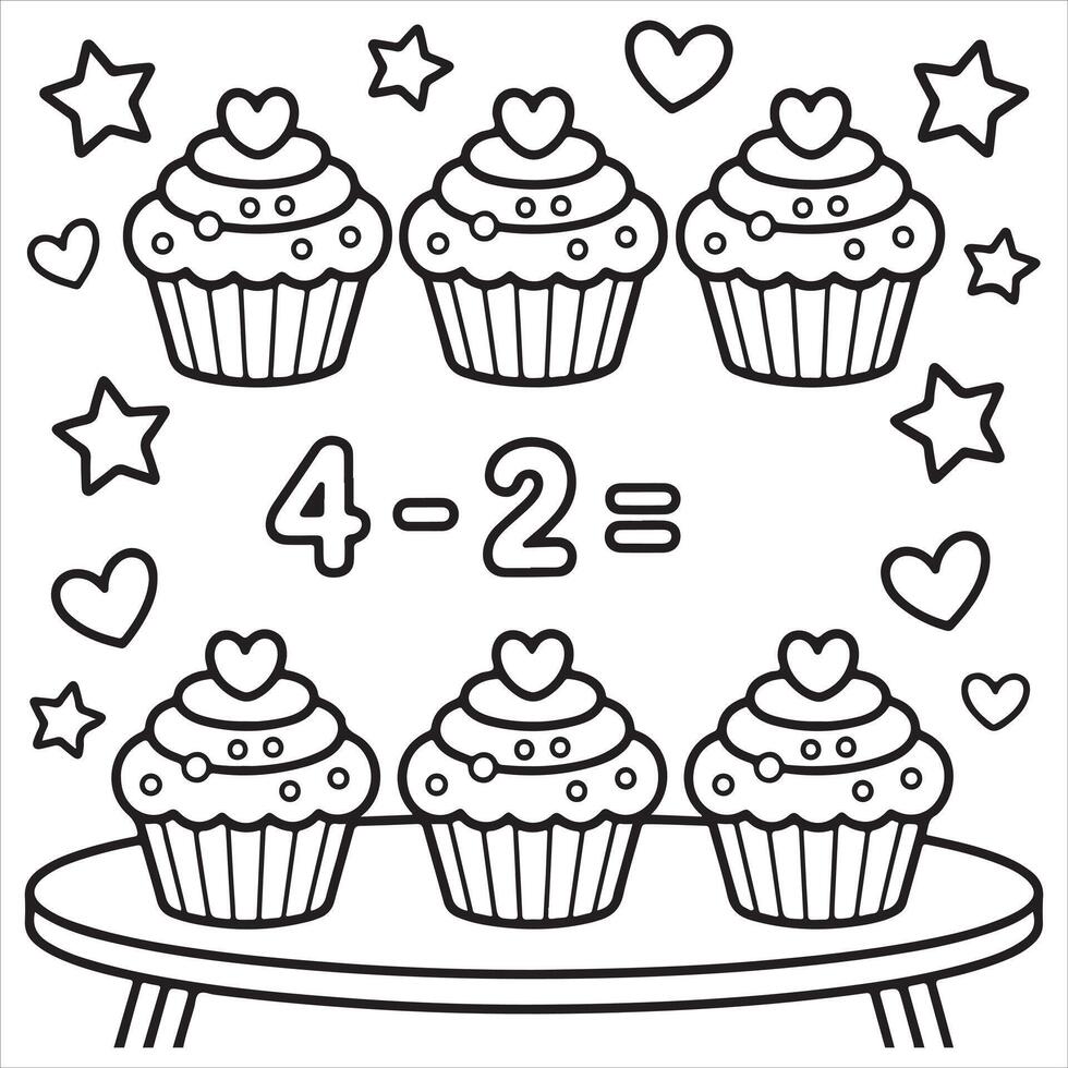 Cupcake Coloring Page for Kids with Fun Math Subtraction Activity vector
