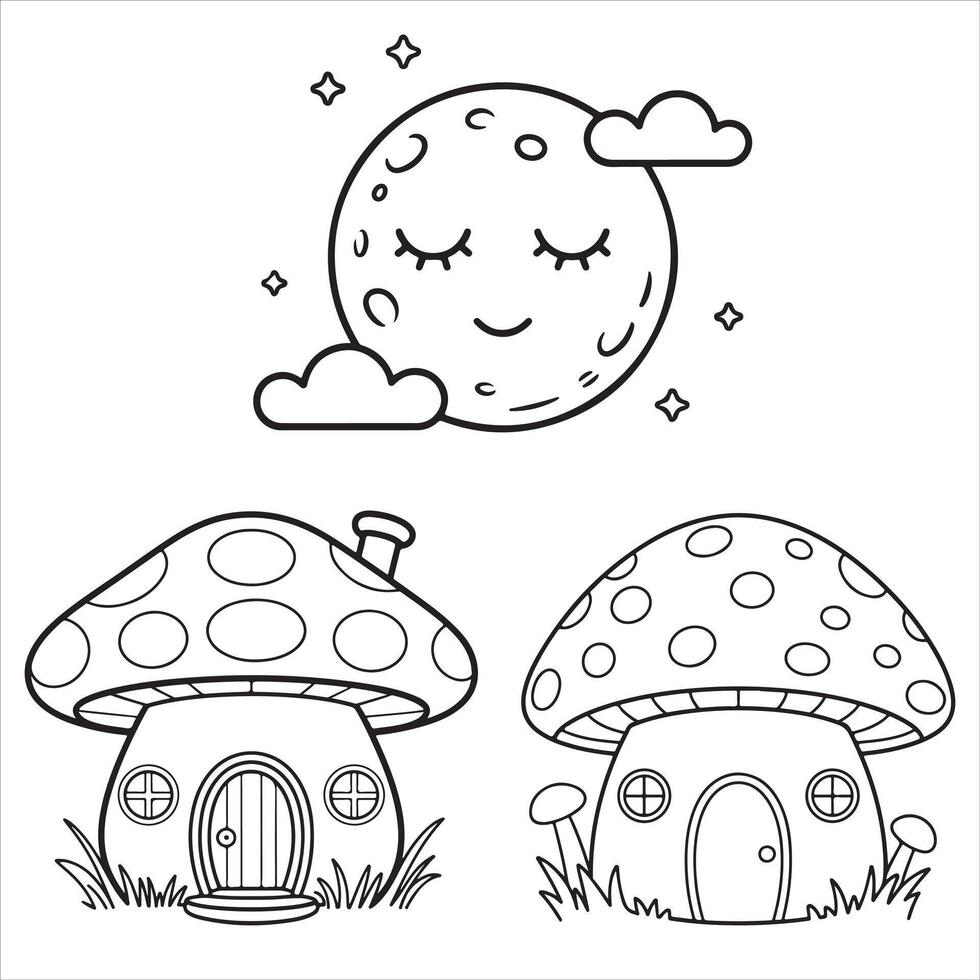 Fun and Easy Kids Coloring Page of a Smiling Moon and Cozy Mushroom Houses vector