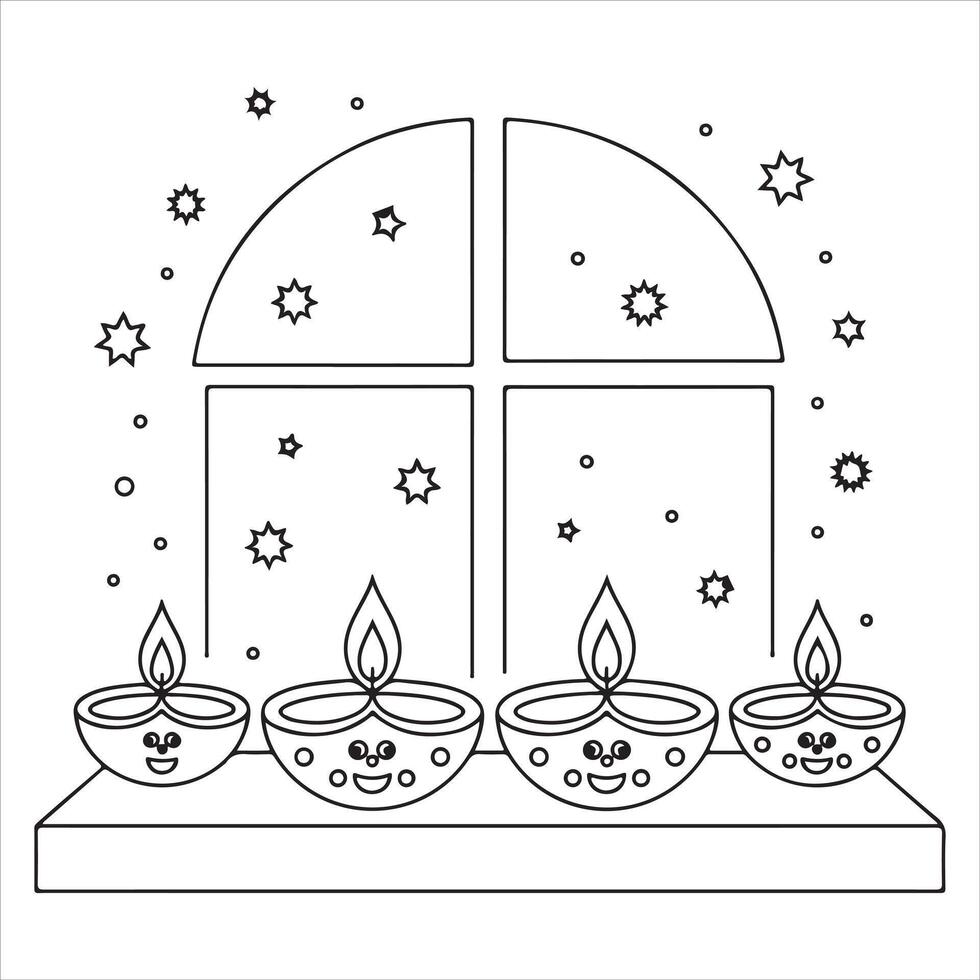 Fun and Easy Kids Coloring Page of Smiling Candles in Front of a Starry Window vector