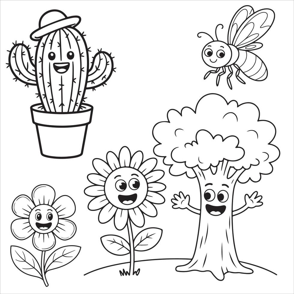 Fun and Easy Kids Coloring Page of a Friendly Cactus, Bee, Tree, and Smiling Flowers vector