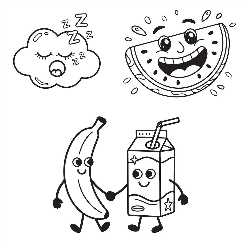 Fun and Easy Kids Coloring Page of a Sleepy Cloud, Fresh Watermelon, and Smiling Banana with Juice vector