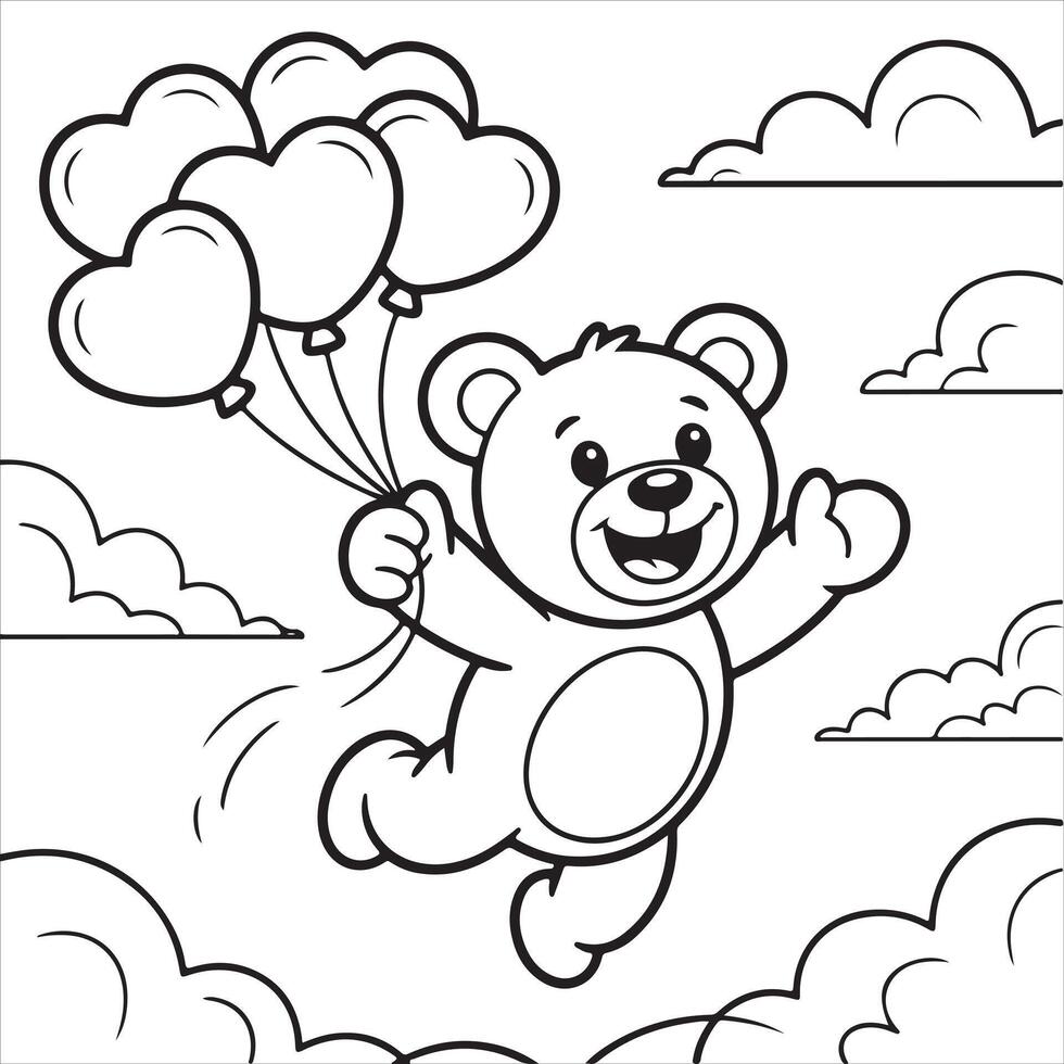 Fun and Easy Kids Coloring Page of a Smiling Bear Floating with Balloons in the Clouds vector