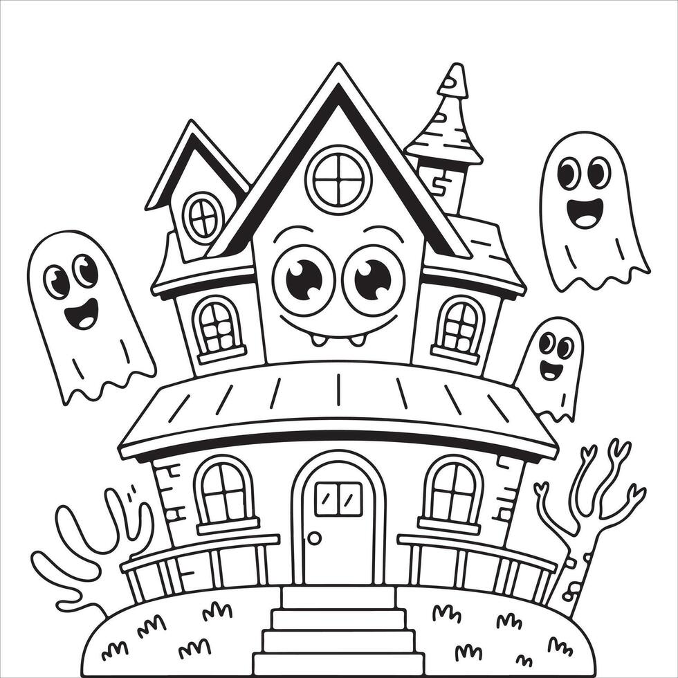 Fun and Easy Kids Coloring Page of a Playful Haunted House with Friendly Ghosts vector