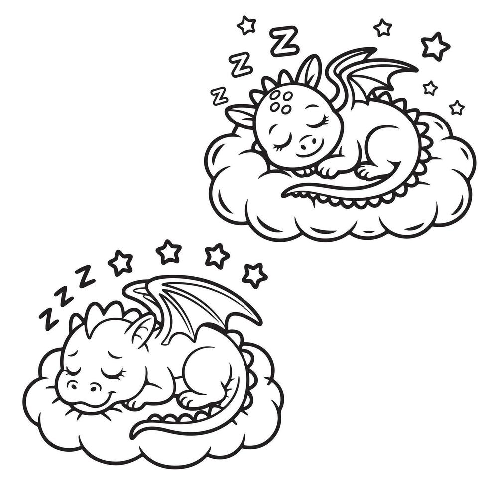 Cute Sleeping Dragons on Clouds Fun Kids Coloring Page vector