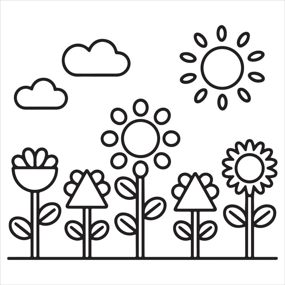 Fun and Easy Kids Coloring Page of Unique Flowers Under the Sun vector