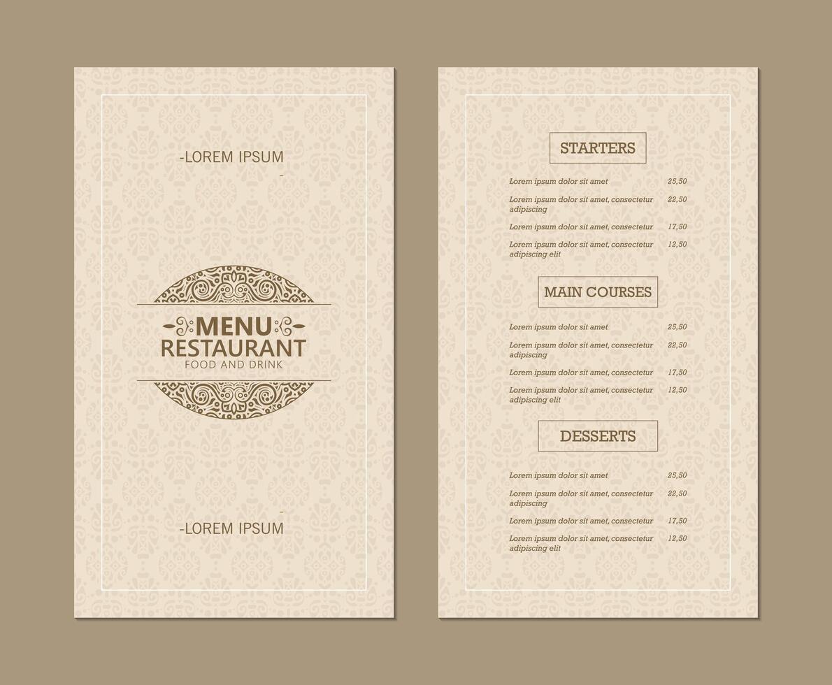 classic restaurant menu template with a decorative border and stylized text. Perfect for showcasing food and drink offerings. vector