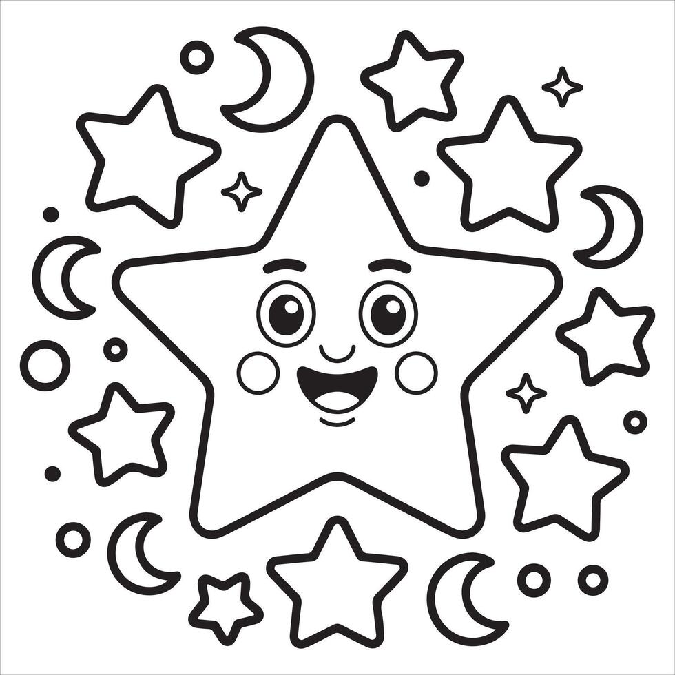 Fun and Easy Kids Coloring Page of a Smiling Star with Crescent Moons and Sparkling Dots vector