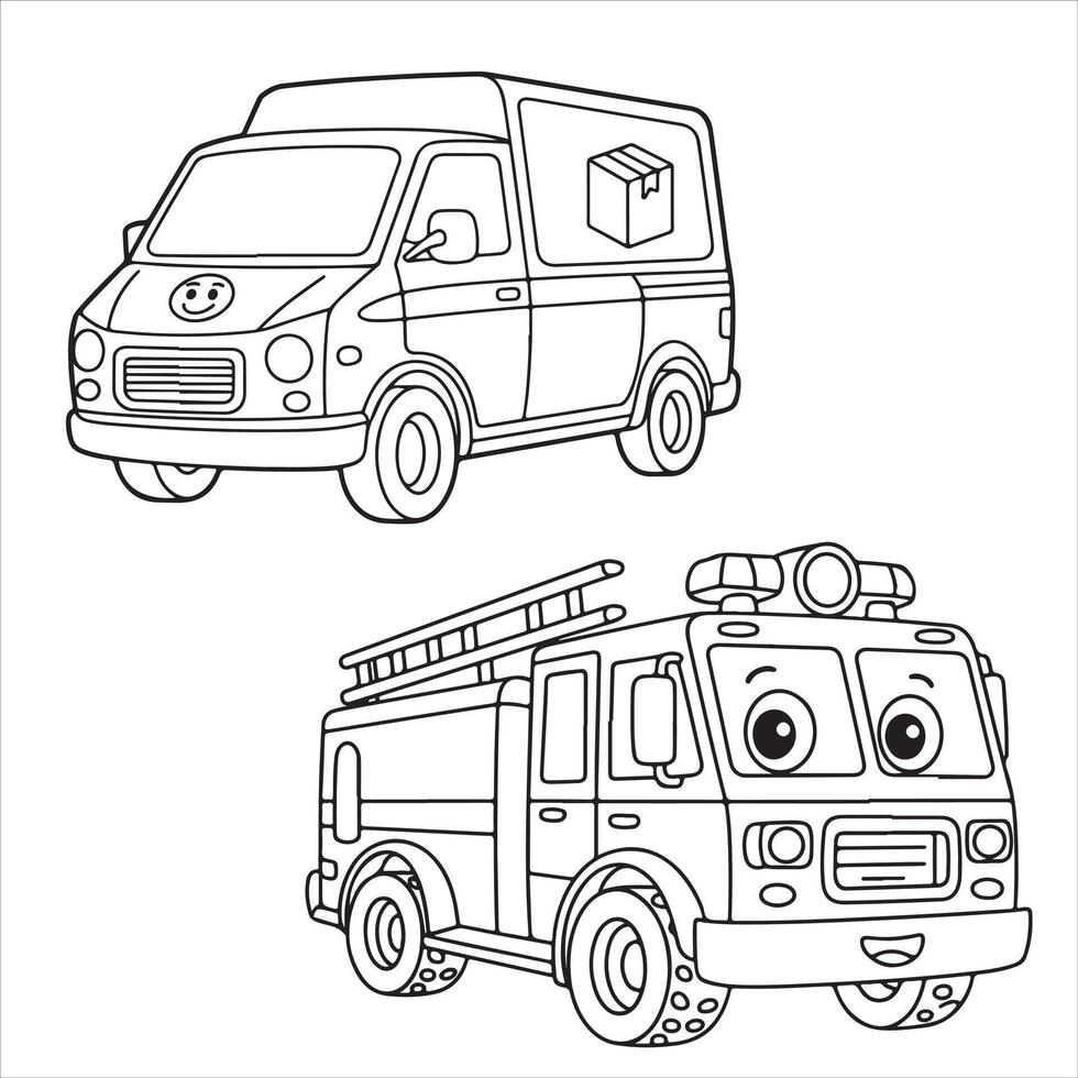 Fun and Easy Kids Coloring Page of a Smiling Delivery Van and Fire Truck vector