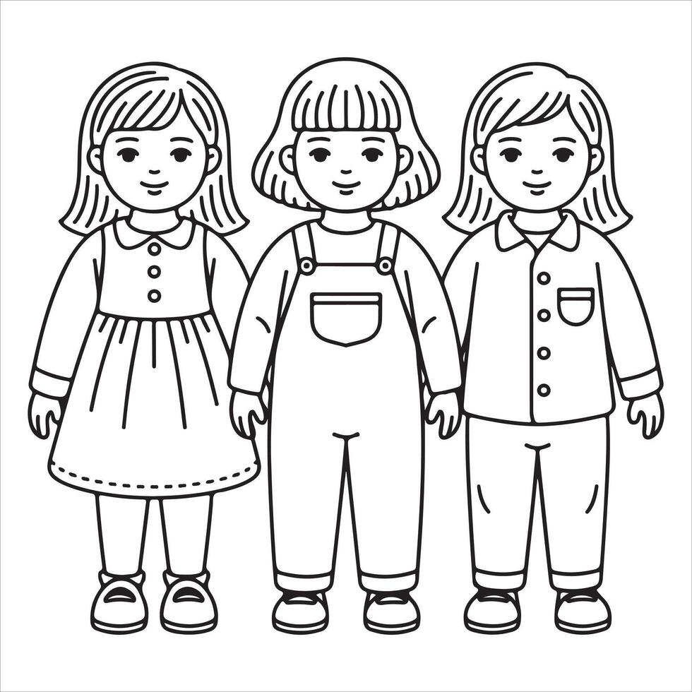 Fun and Easy Kids Coloring Page of Three Smiling Children in Playful Outfits vector