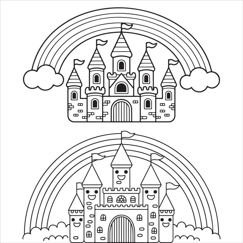 Fun and Easy Kids Coloring Page of Two Magical Castles Under Rainbows vector