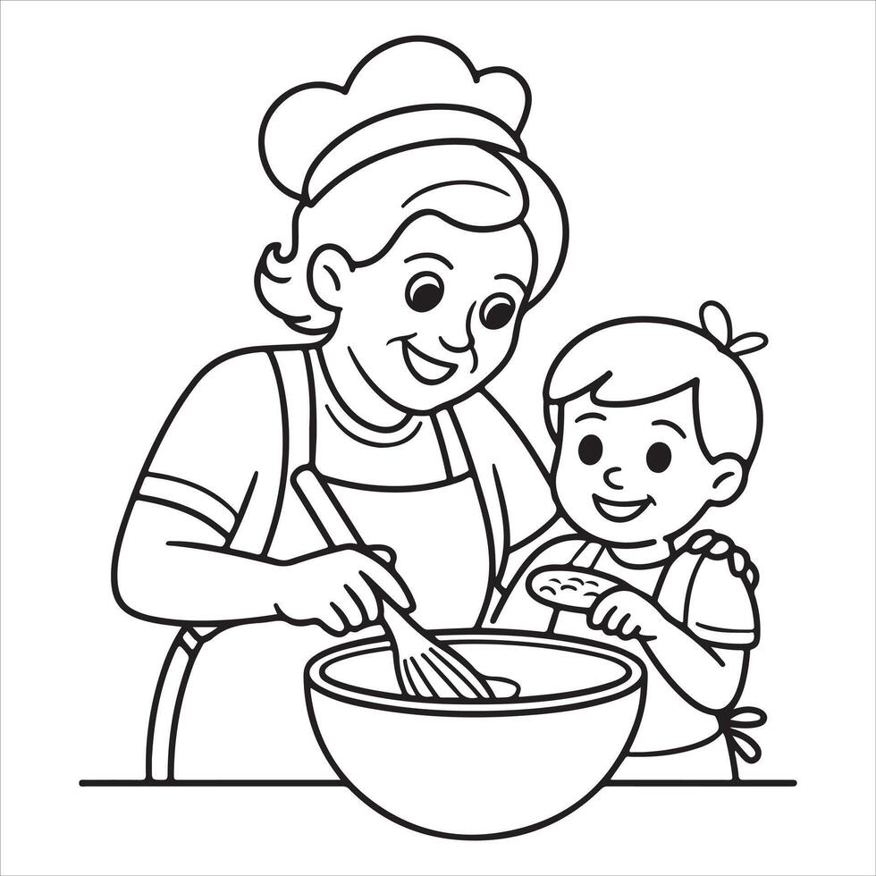 Mother and Child Cooking Together Coloring Page for Kids vector