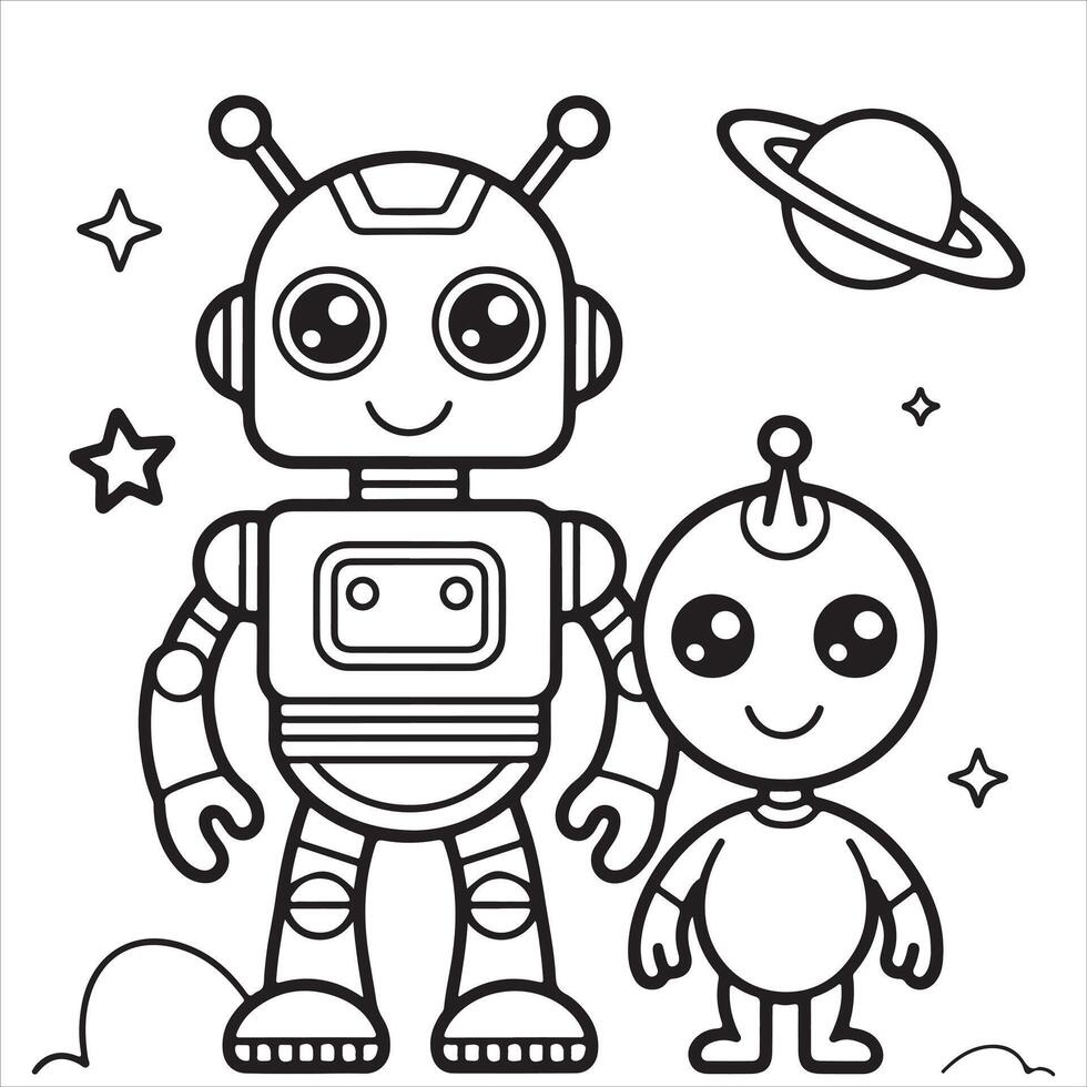 Fun and Easy Kids Coloring Page of Two Cute Robots in Space vector