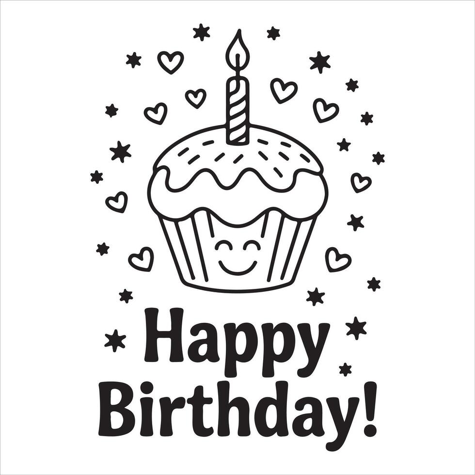 Fun and Easy Kids Coloring Page of a Smiling Cupcake with Candle for Birthday Celebration vector