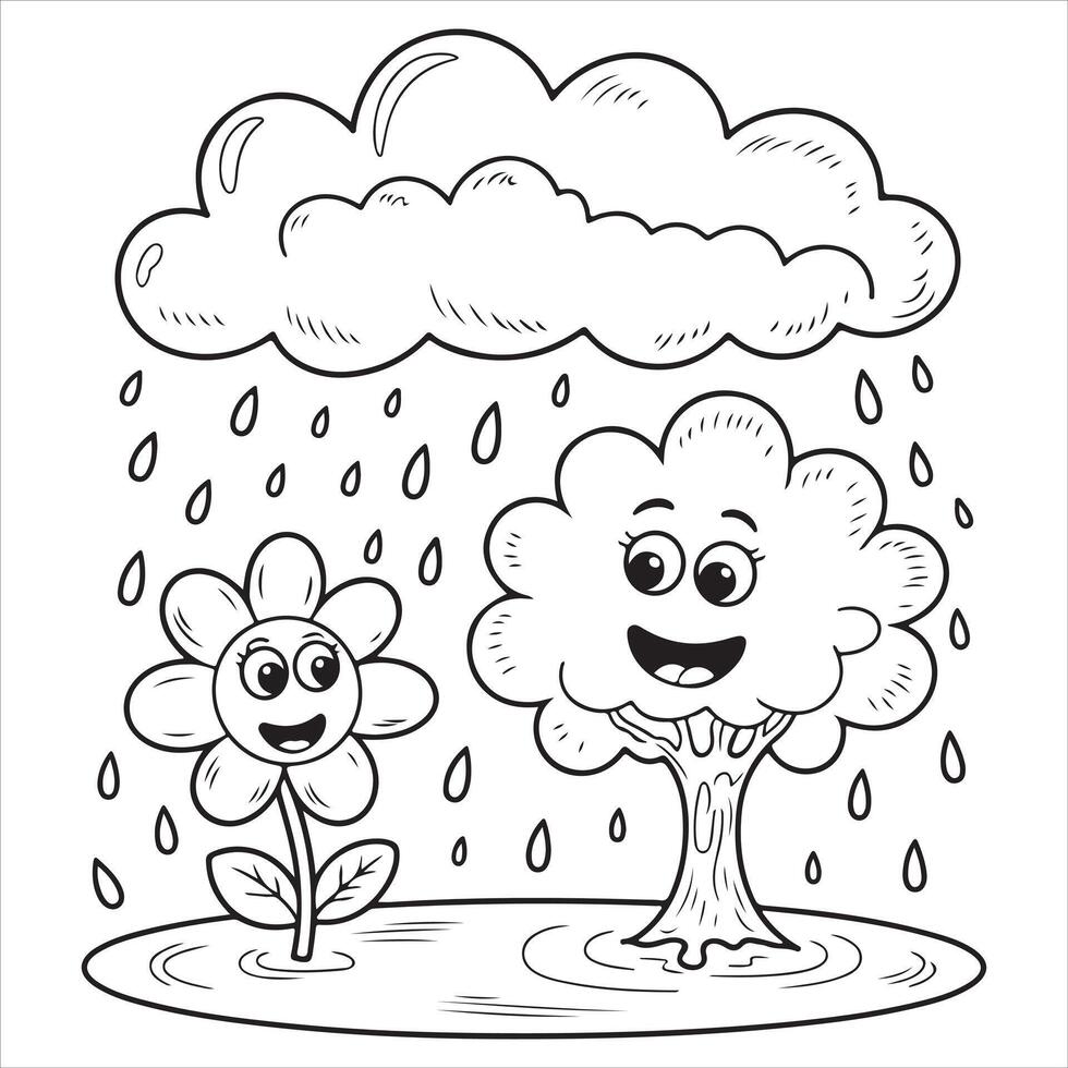 Fun and Easy Kids Coloring Page of a Smiling Cloud Raining on a Happy Flower and Tree vector