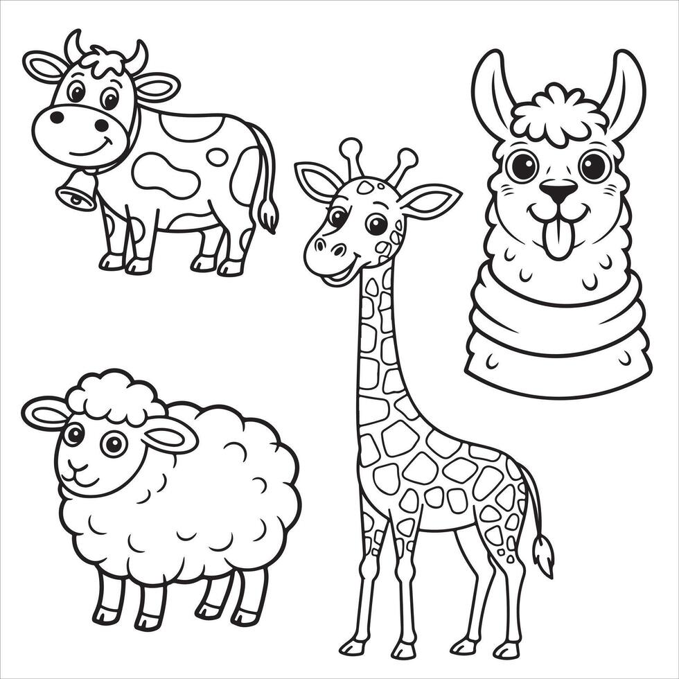 Fun and Easy Kids Coloring Page of a Cow, Giraffe, Sheep, and Playful Llama vector