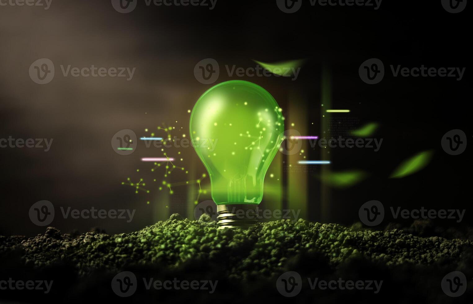 Green Energy, Renewable and Sustainable Resources in Environmental Concept. a Green Light Bulb Glow on Dark Soil, surrounded by Furistic graphic photo