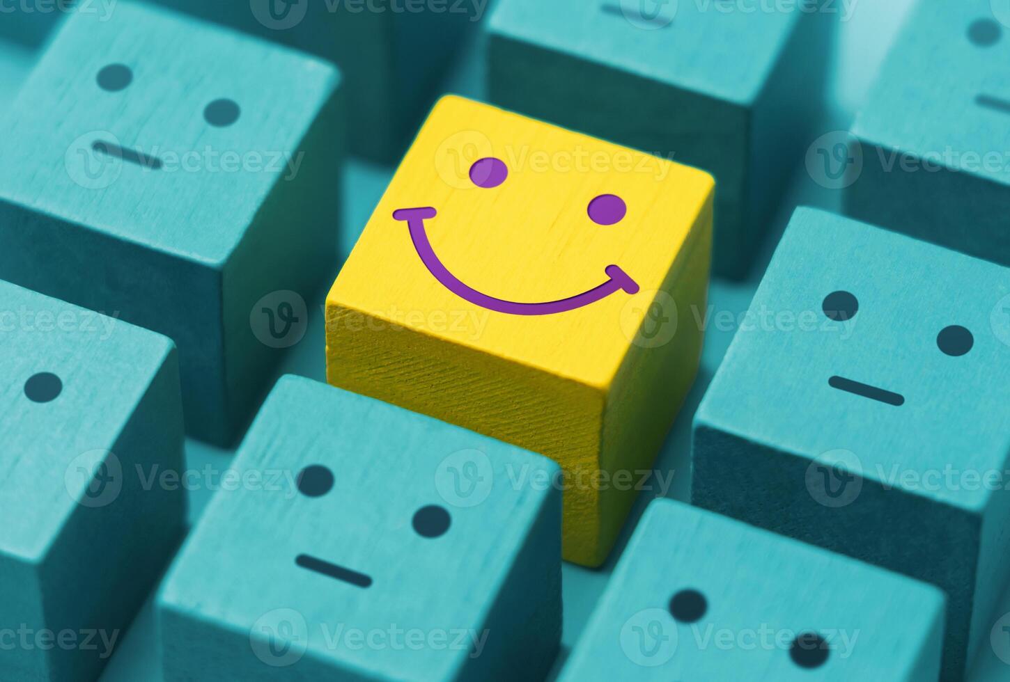 Varieties of Mood and Emotion. Mind, Mental Health Concept. a Unique Smiling Cube that Stand Out among Crowd photo