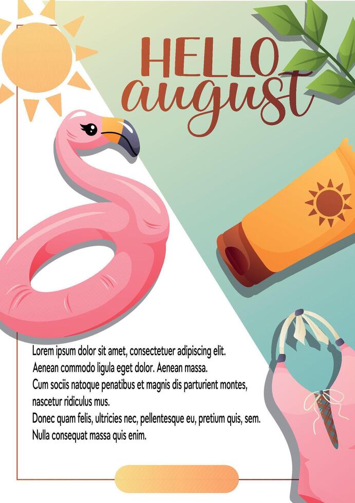 Flyer Hello August with Flamingo vector