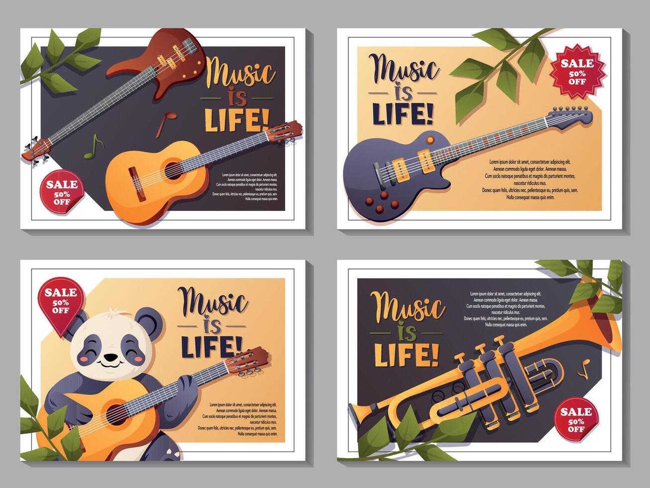 Music-themed banners with discount and instruments vector