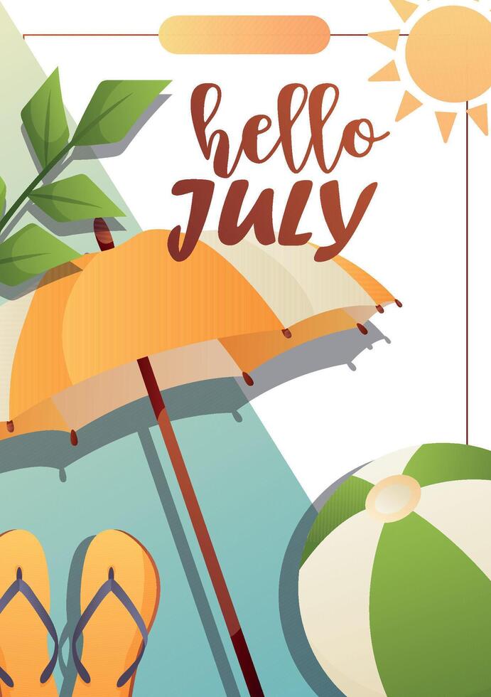 Poster Hello July with Beach Elements vector