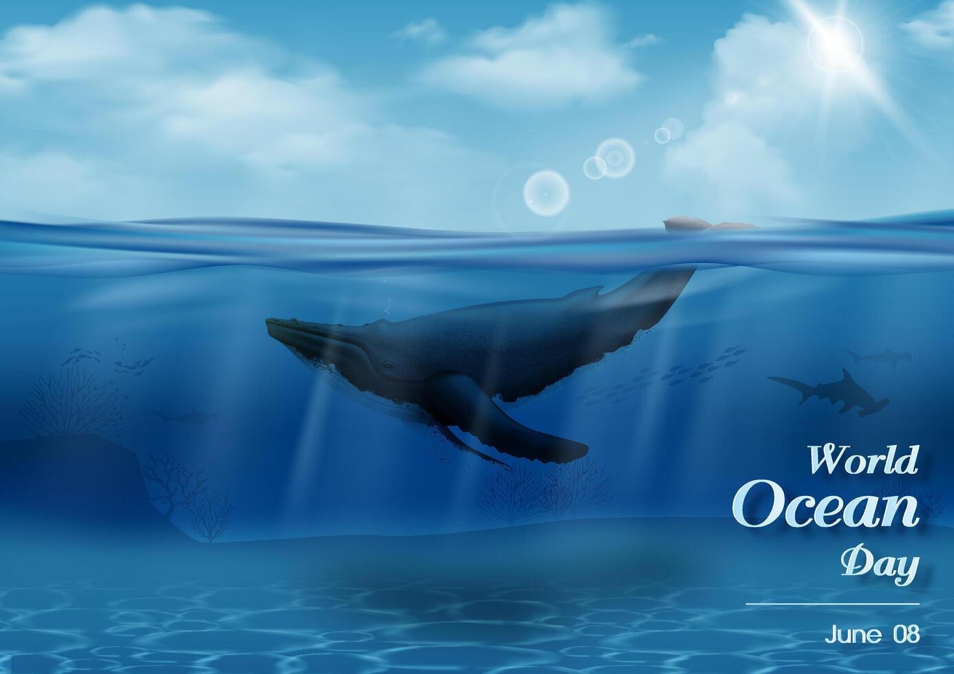 Poster illustration campaign of world ocean day with scene of under the sea and ocean, cloudscape vector