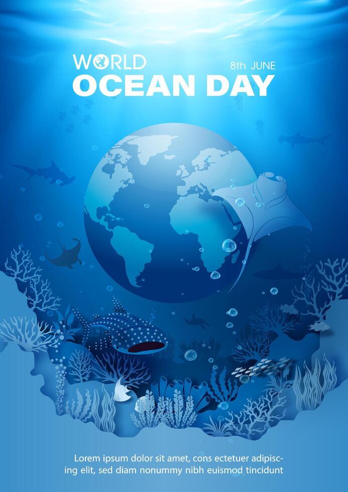 Image of the deep sea and ocean scene with 3d globe in poster illustration campaign of world ocean day with wording of event, example texts on navy blue background. vector
