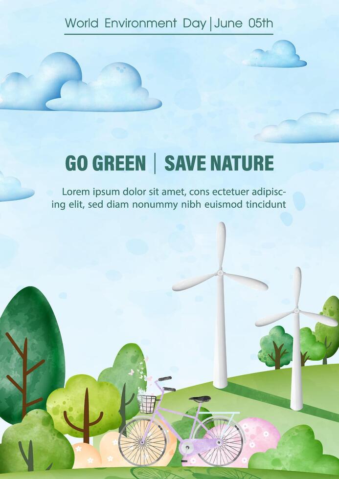 Illustration poster campaign of world environment day with nature landscape, ecology power and green city in watercolors style vector