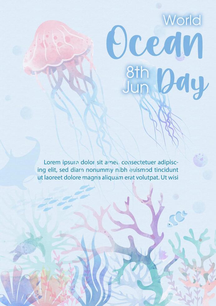 Scene of under the sea and ocean in watercolors style with sea animal and example texts on light blue background. vector