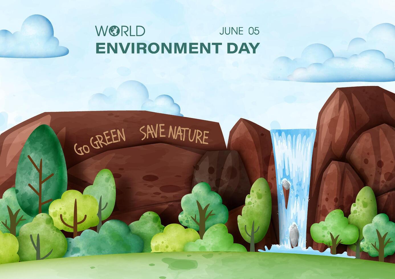 Image of water falls landscape in watercolors style, Poster illustration campaign of world environment day vector