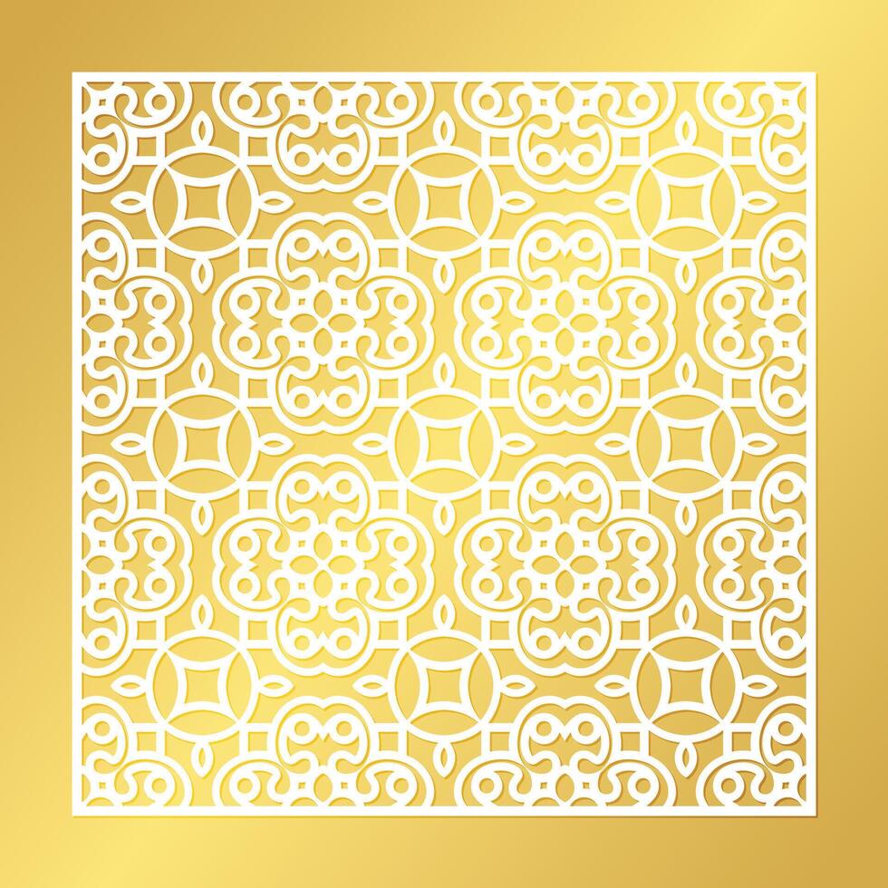 Square ornamental geometric panel with intricate cut-out design on a gold gradient background vector