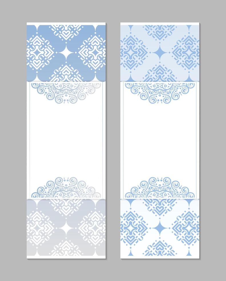 Two vertical banners featuring a decorative blue and white design vector