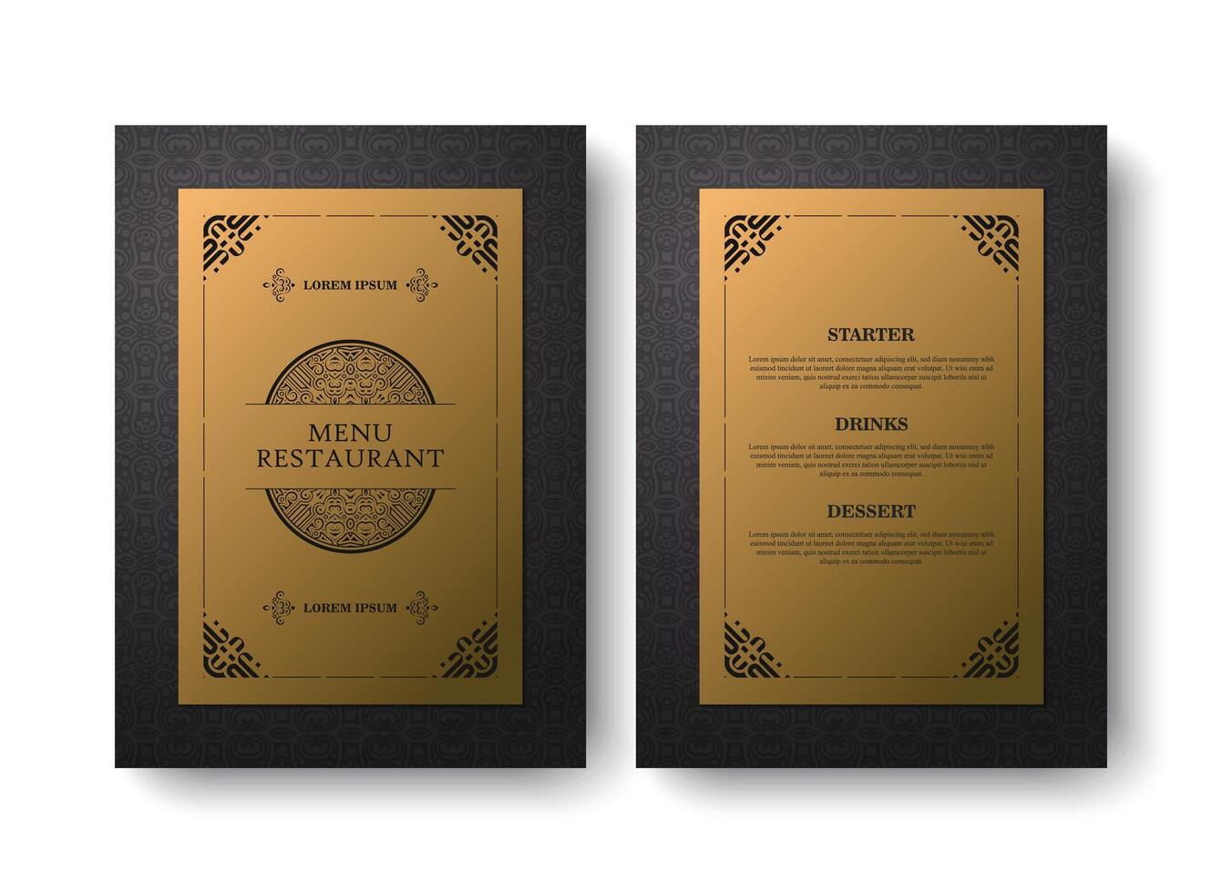 elegant menu design template for a restaurant, featuring a gold and black color scheme with ornamental design element vector