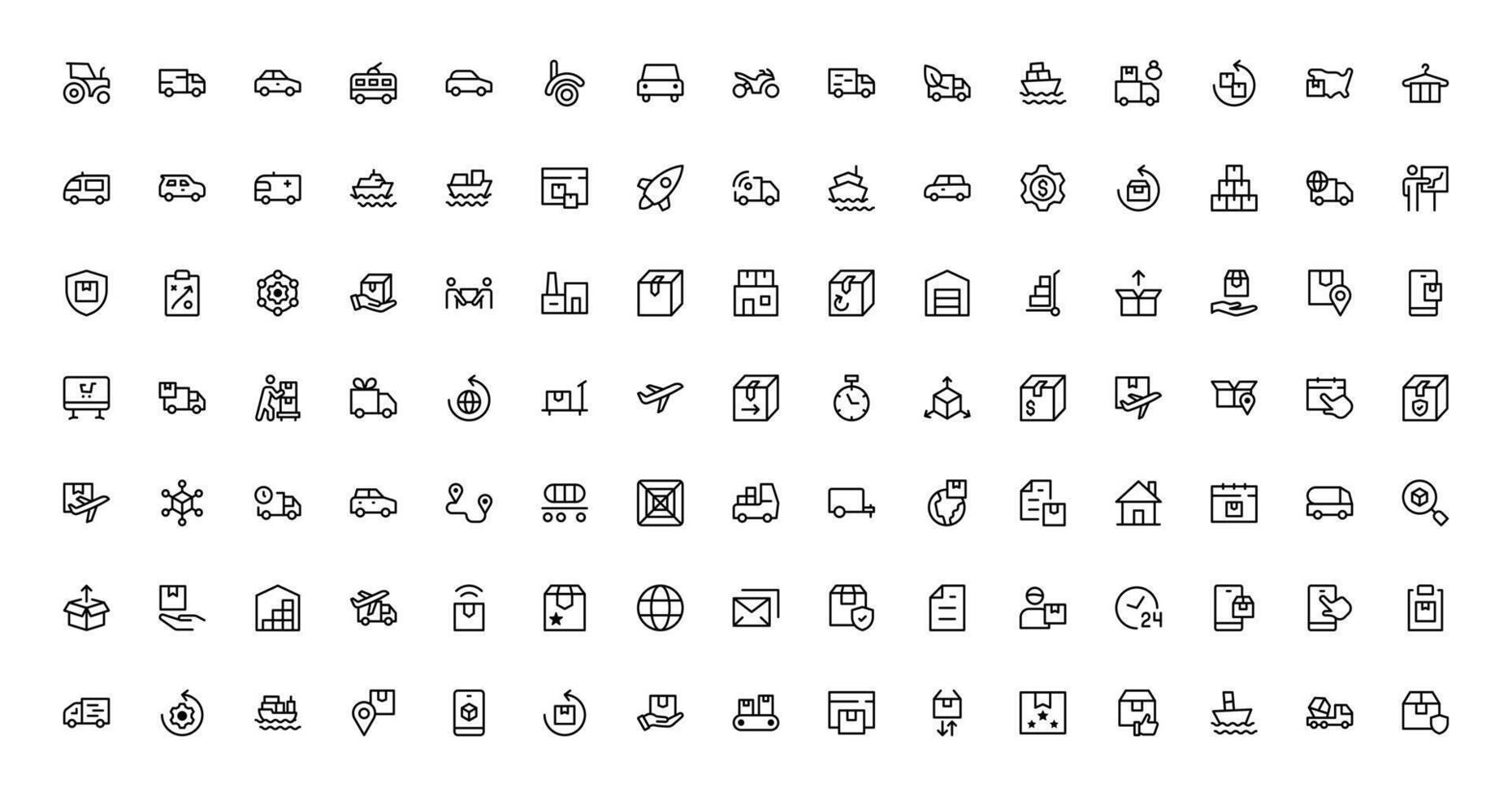 Professional Transport and Logistics Icons set pack. This Set Includes Vehicles, Delivery, and Supply Chain Symbols for Efficient Projects. vector